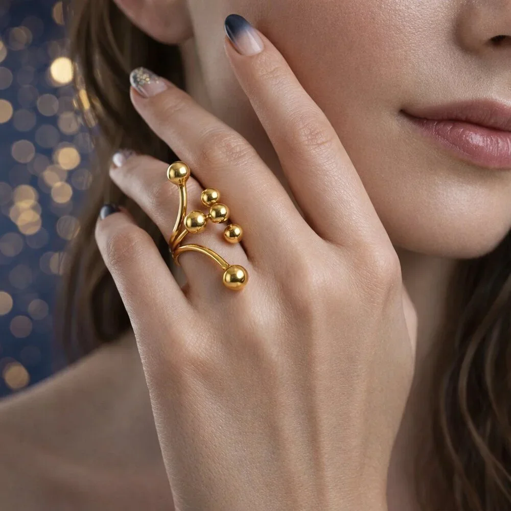 18K Gold Plated Stainless Steel Abstract Sculptural Statement Ring Size 8